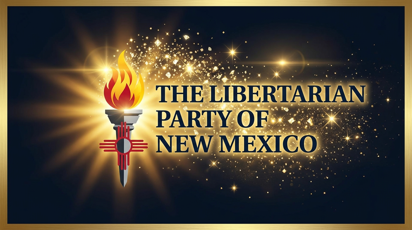 The Libertarian Party of New Mexico — golden text on a deep navy background with shimmering sparkles and light rays