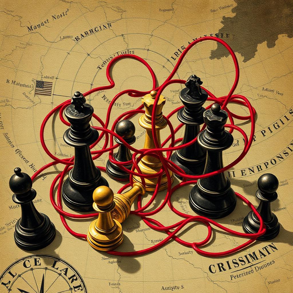Tangled chess pieces on a political map illustration
