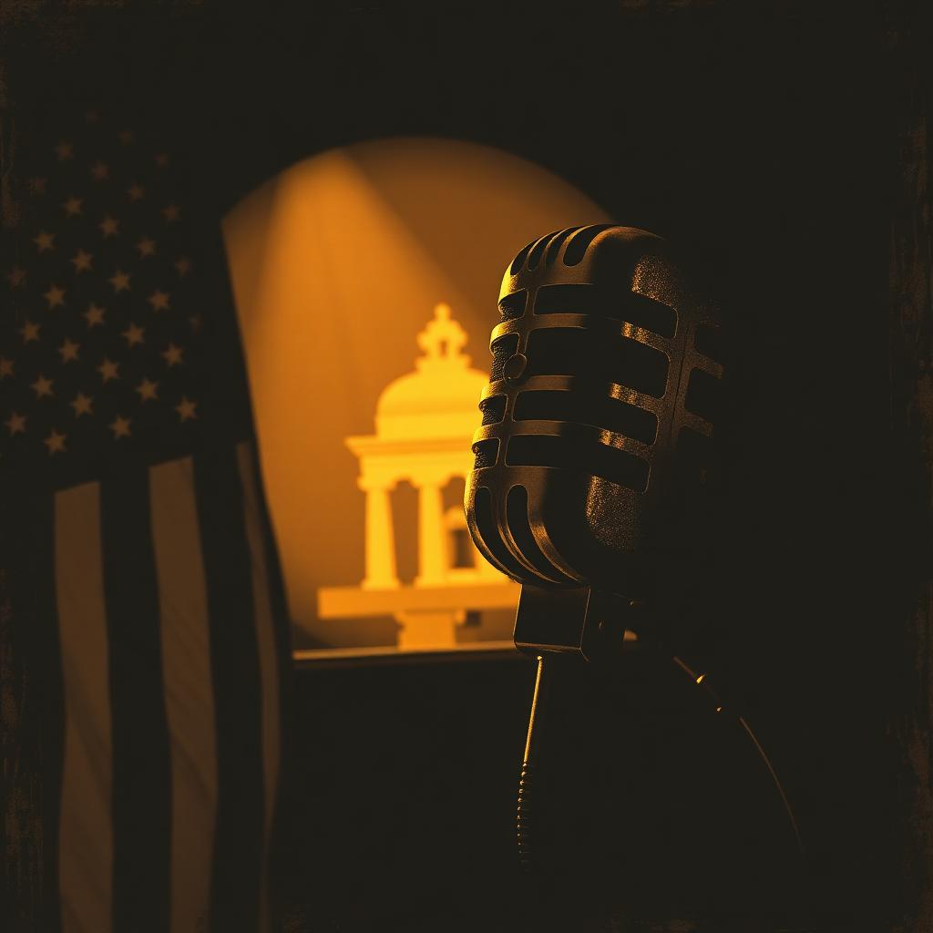Vintage microphone with American flag, editorial illustration