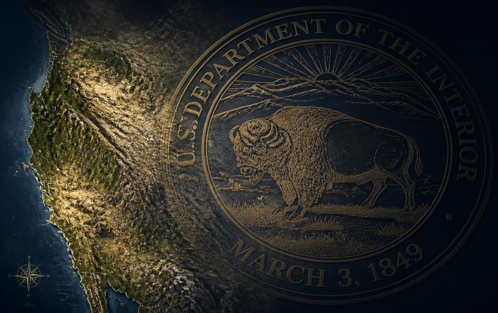 Abstract composition of a large, opaque federal seal gradually swallowing an open map of Western land, with muted earth tones against deep indigo