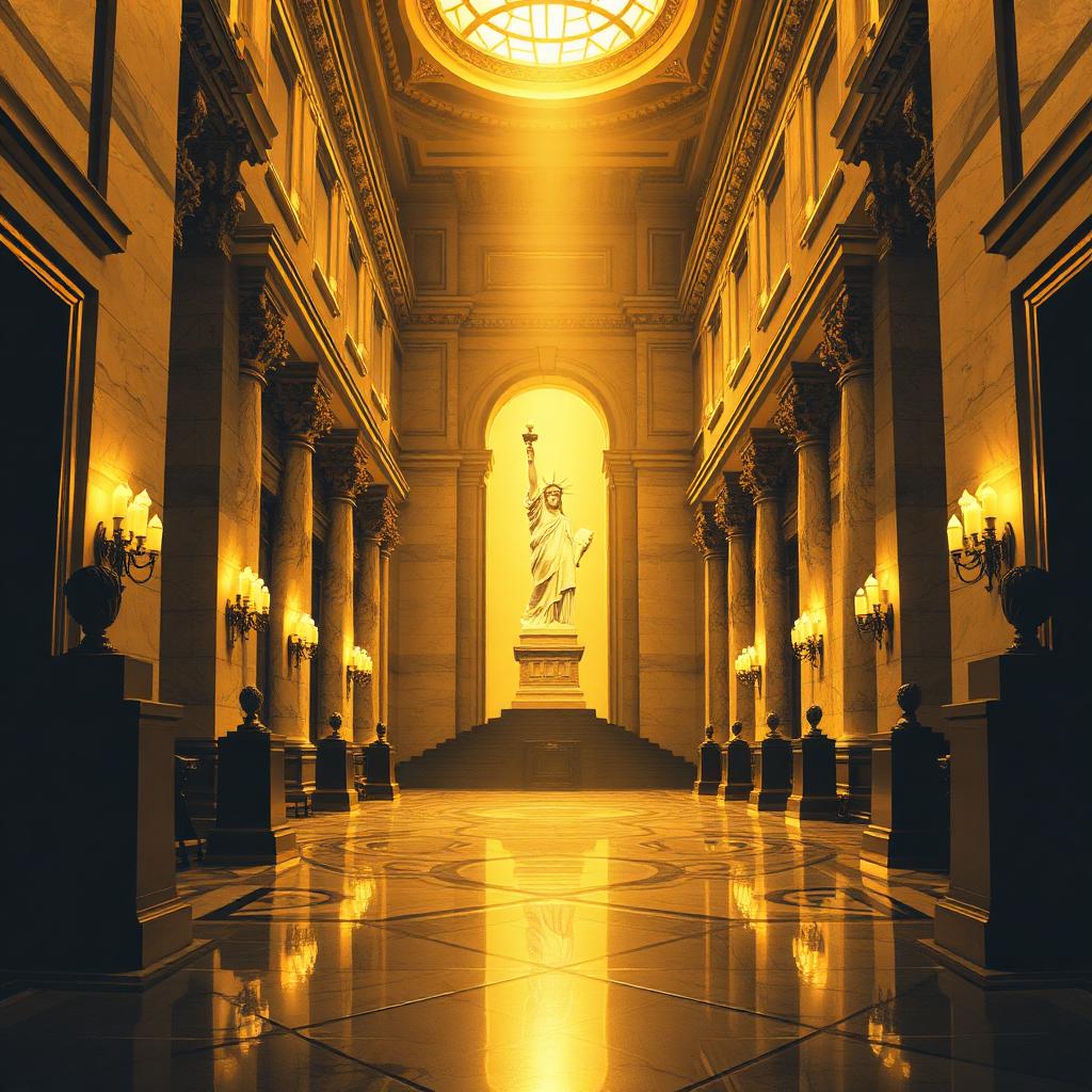 Two diverging paths through a marble convention hall with Liberty statue
