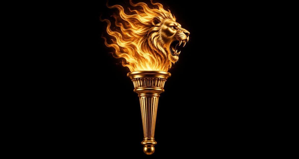 Gold Libertarian torch whose flame takes the shape of a roaring lion's head on a black background