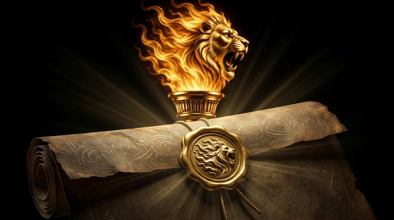 Gold Libertarian torch with a roaring lion's-head flame rising over a sealed parchment report bearing a gold wax seal