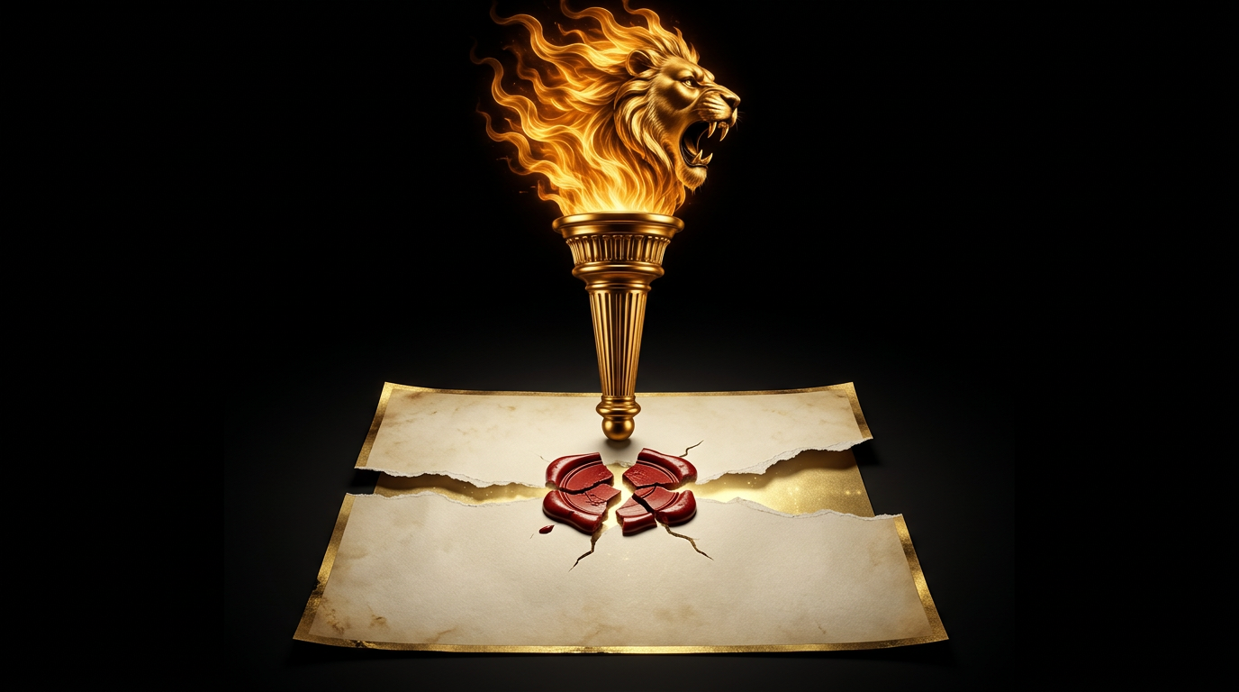 Gold Libertarian torch with a roaring lion's-head flame above a torn memo with a broken red wax seal